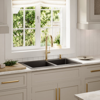 33" Top Mount Double Offset Bowl Quartz Composite Kitchen Sink In Black