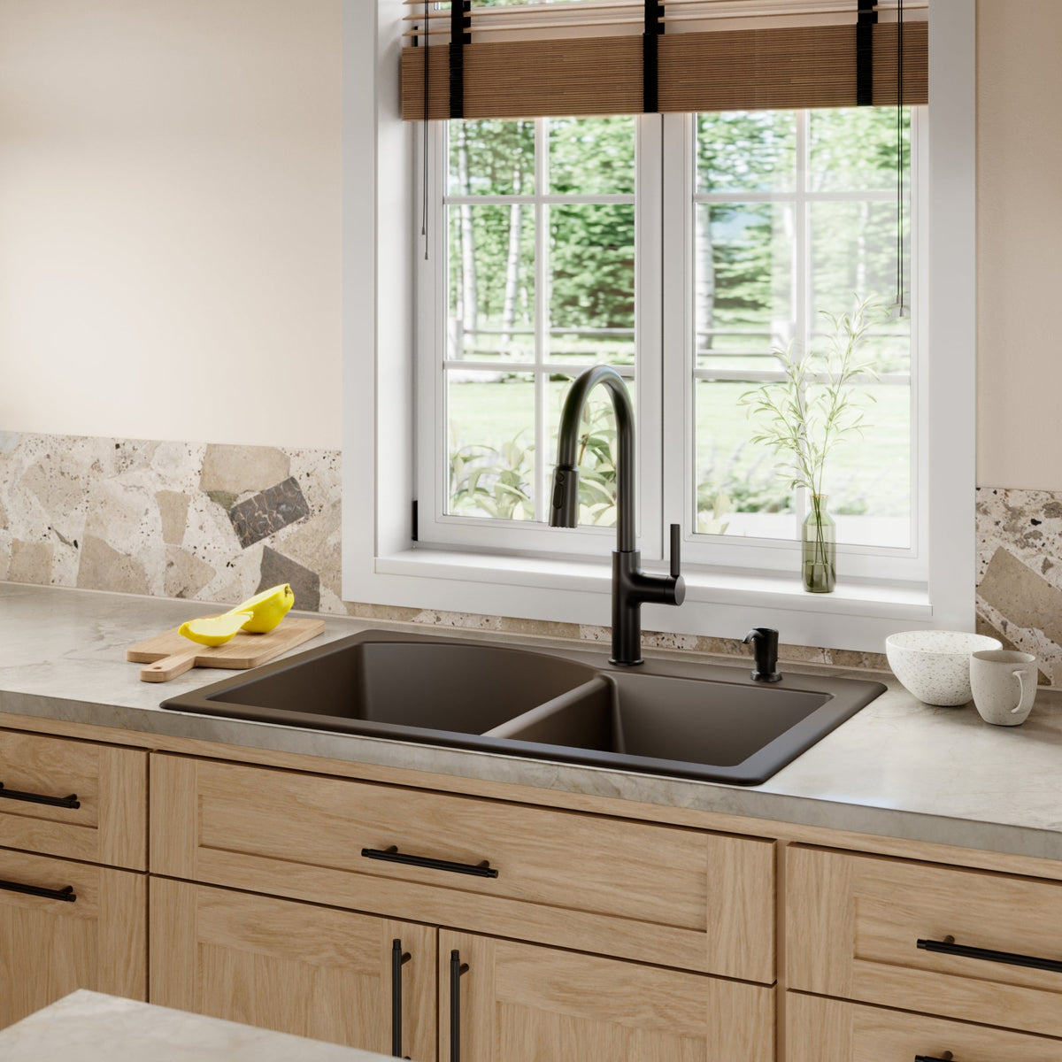 33" Top Mount Double Offset Bowl Quartz Composite Kitchen Sink Kit In Brown