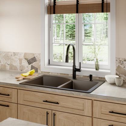 33" Top Mount Double Offset Bowl Quartz Composite Kitchen Sink Kit In Brown