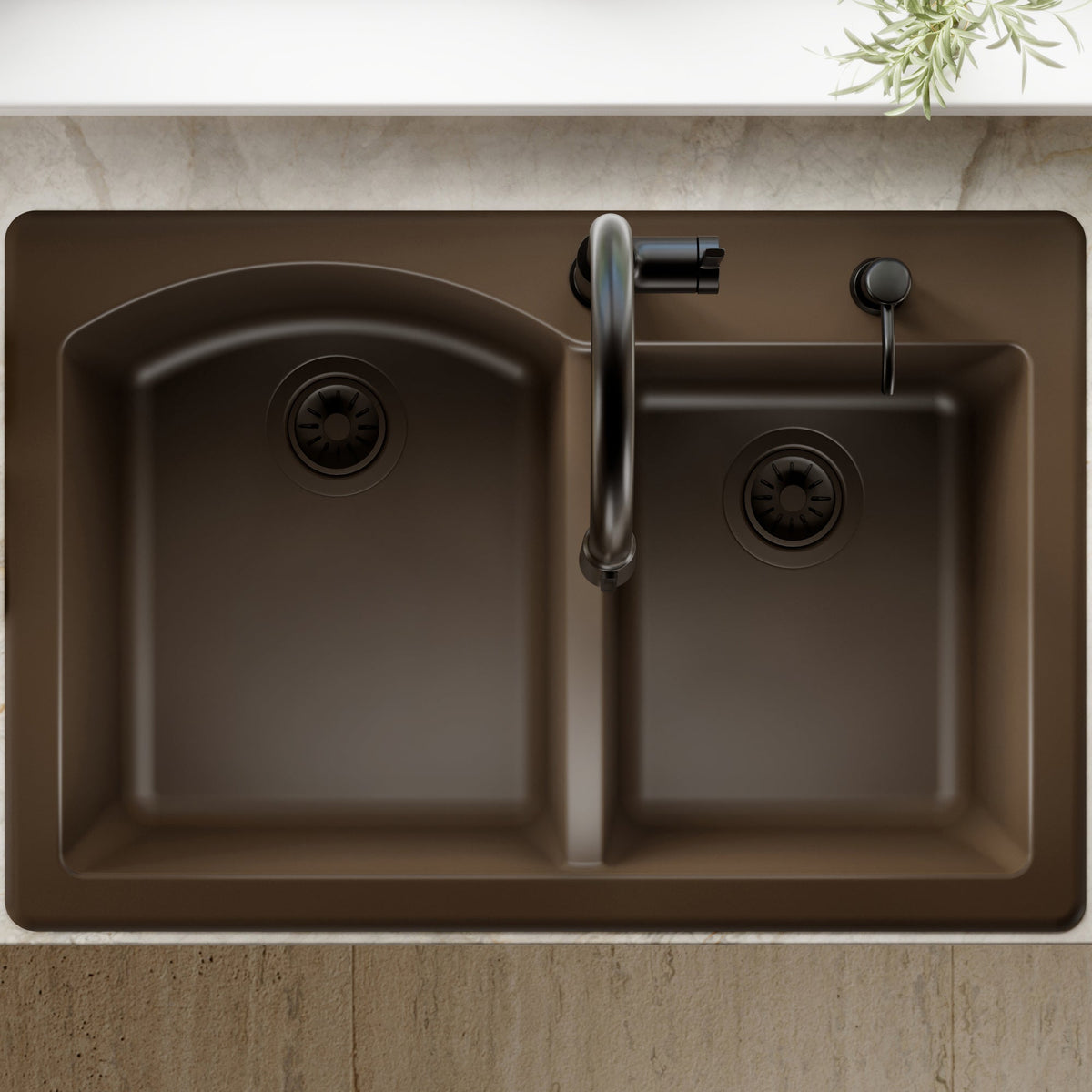 33" Top Mount Double Offset Bowl Quartz Composite Kitchen Sink In Brown