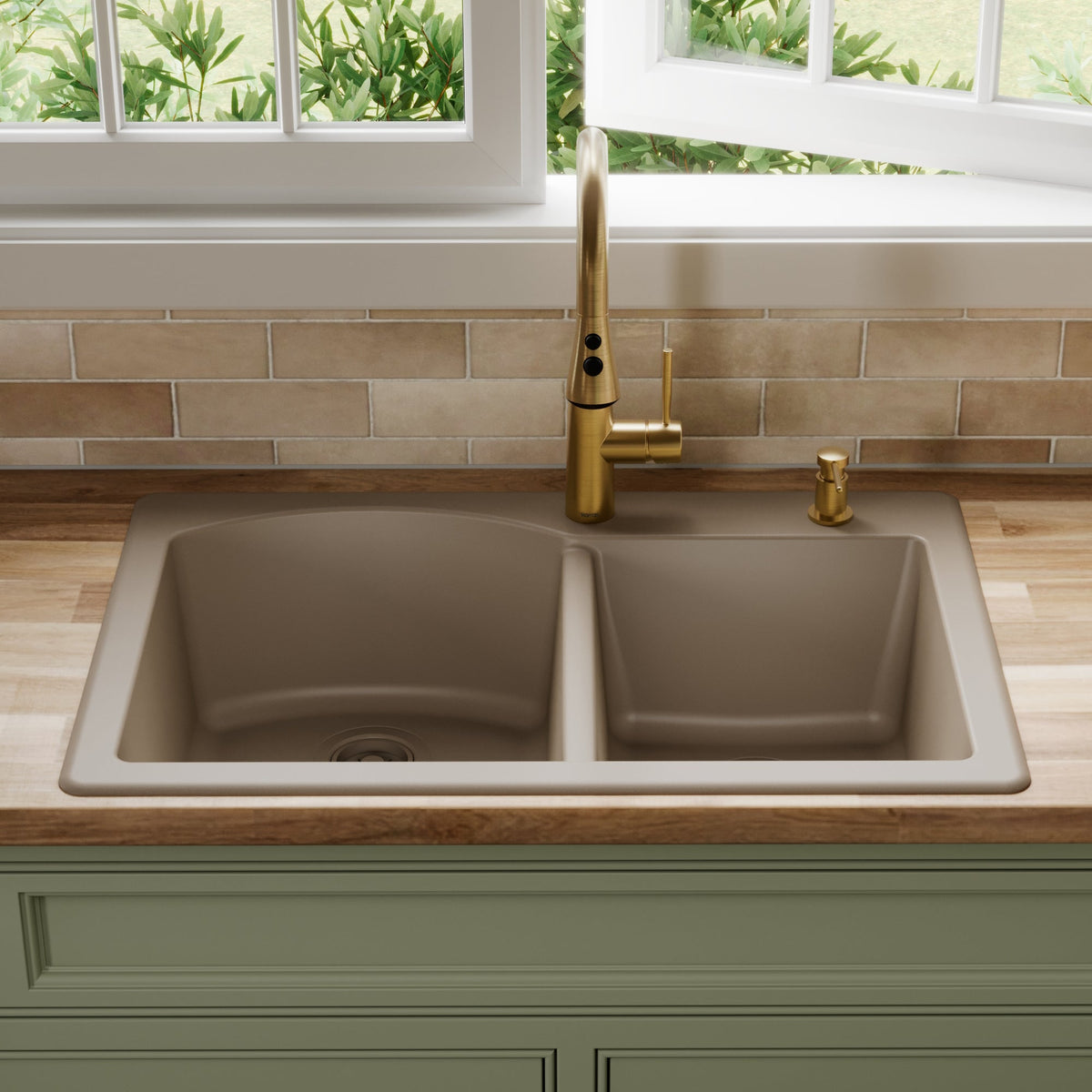33" Top Mount Double Offset Bowl Quartz Composite Kitchen Sink In Concrete