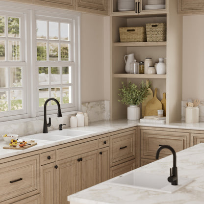 33" Top Mount Double Offset Bowl Quartz Composite Kitchen Sink Kit In White