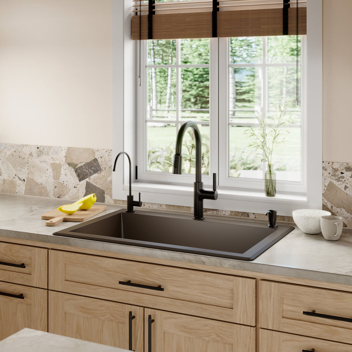 33" Top Mount Large Single Bowl Quartz Composite Kitchen Sink Kit In Brown