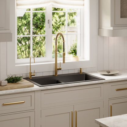 33" Top Mount Double Equal Bowl Quartz Composite Kitchen Sink In Black