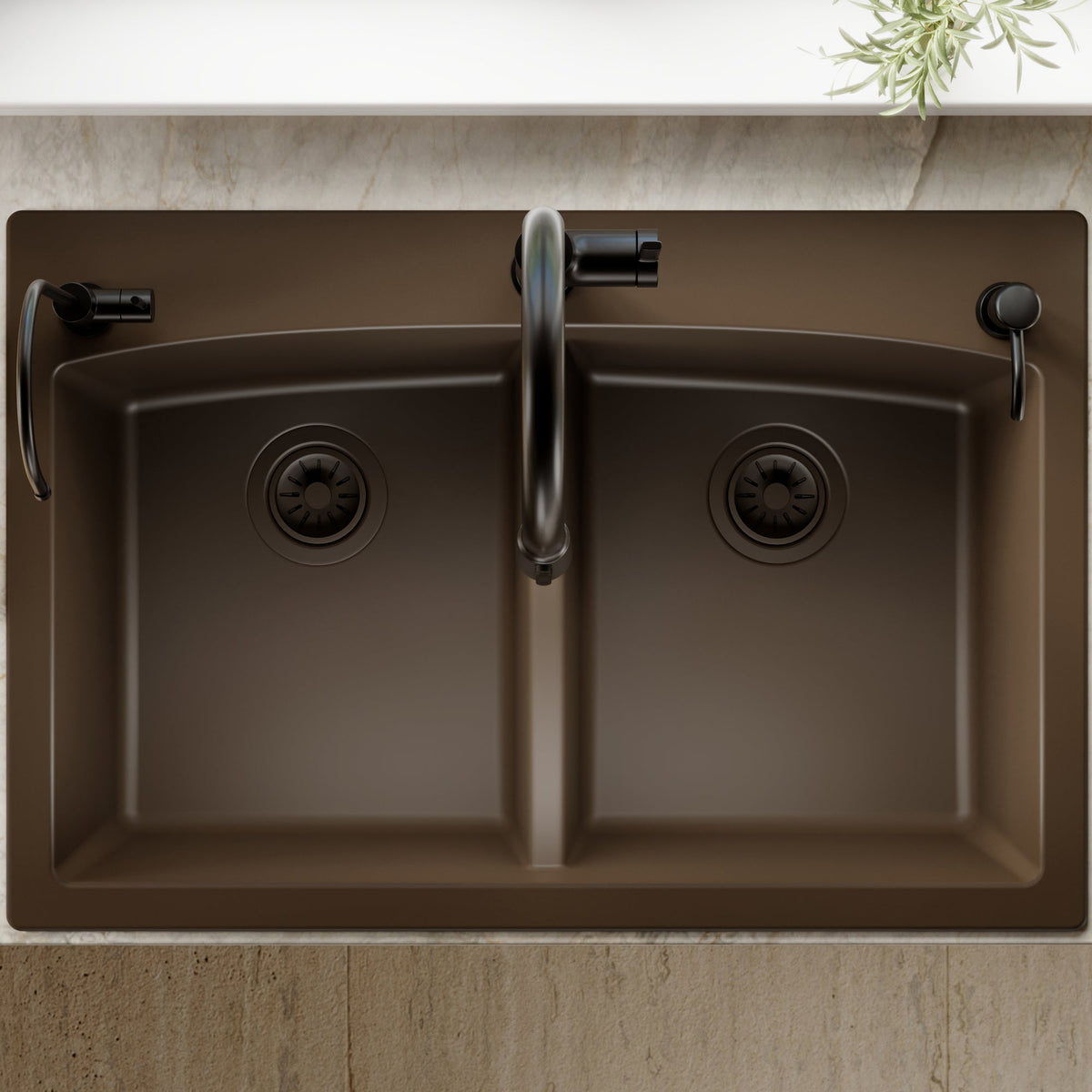 33" Top Mount Double Equal Bowl Quartz Composite Kitchen Sink In Brown