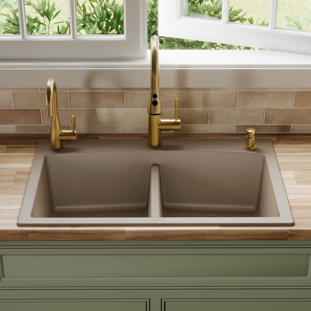 33" Top Mount Double Equal Bowl Quartz Composite Kitchen Sink In Concrete