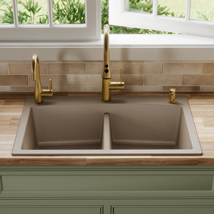 33" Top Mount Double Equal Bowl Quartz Composite Kitchen Sink In Concrete