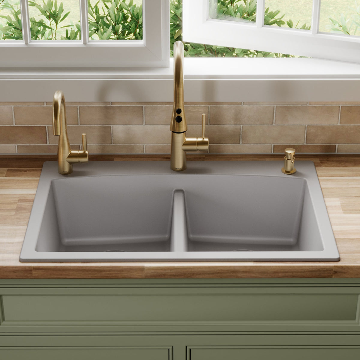 33" Top Mount Double Equal Bowl Quartz Composite Kitchen Sink In Grey