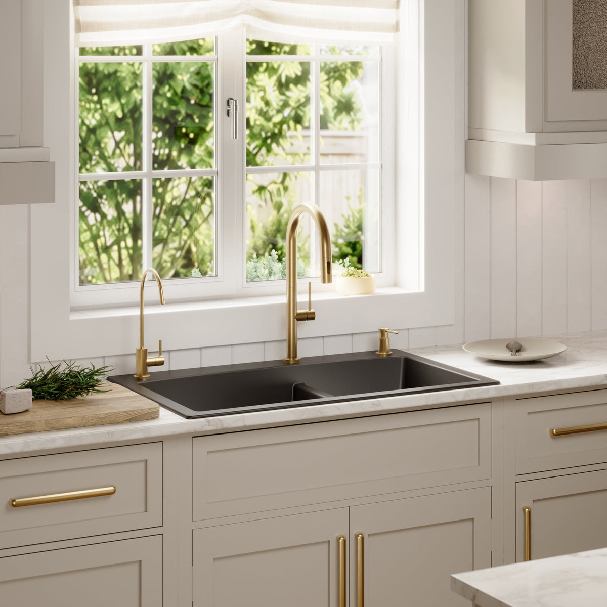 33" Top Mount Double Offset Bowl Quartz Composite Kitchen Sink In Black