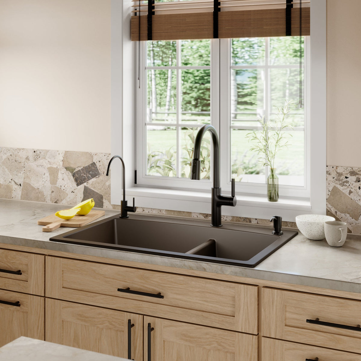 33" Top MountDouble Offset Bowl Quartz Composite Kitchen Sink Kit In Brown