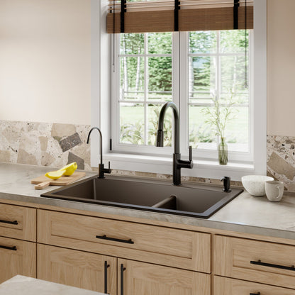 33" Top MountDouble Offset Bowl Quartz Composite Kitchen Sink Kit In Brown