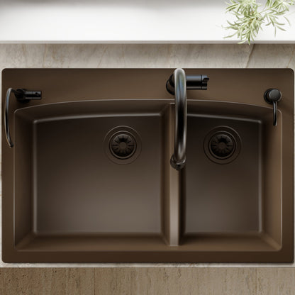 33" Top Mount Double Offset Bowl Quartz Composite Kitchen Sink In Brown