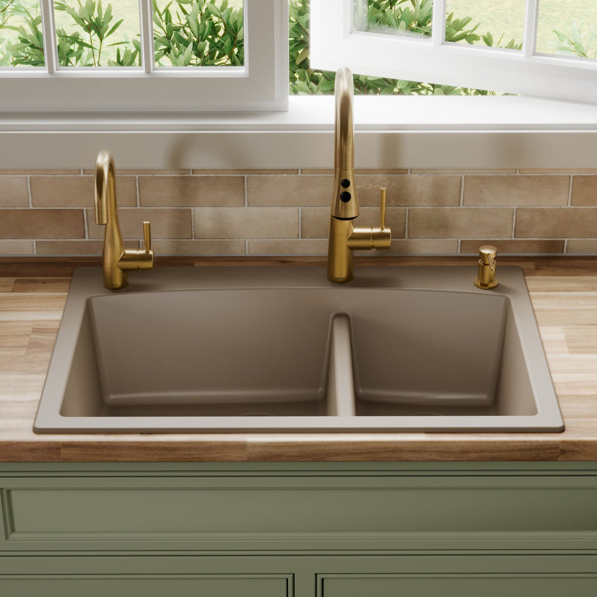 33" Top Mount Double Offset Bowl Quartz Composite Kitchen Sink In Concrete