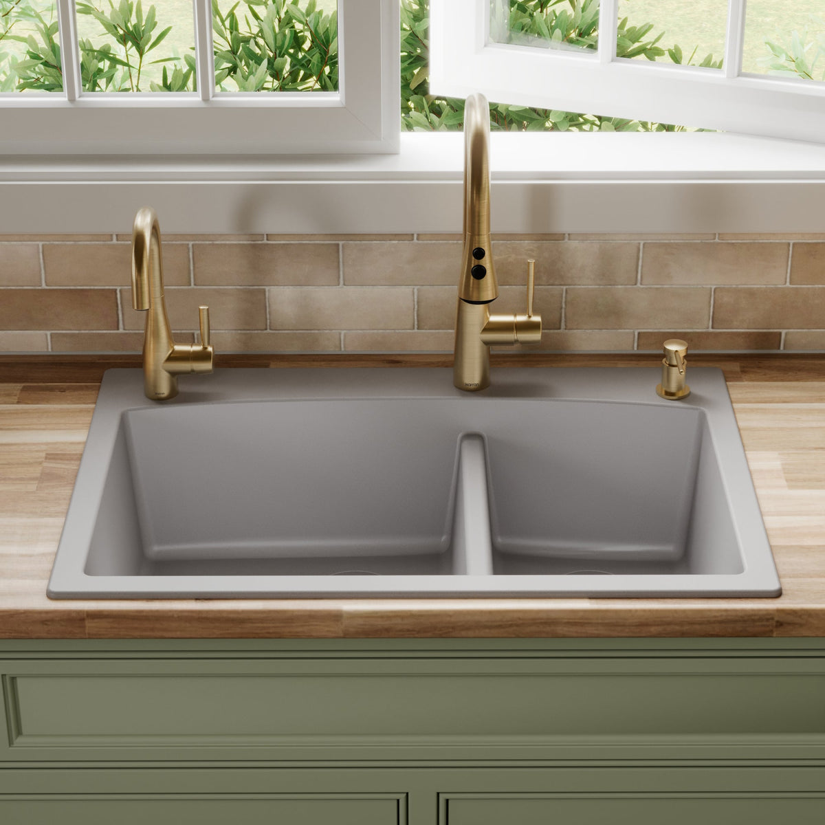 33" Top Mount Double Offset Bowl Quartz Composite Kitchen Sink In Grey
