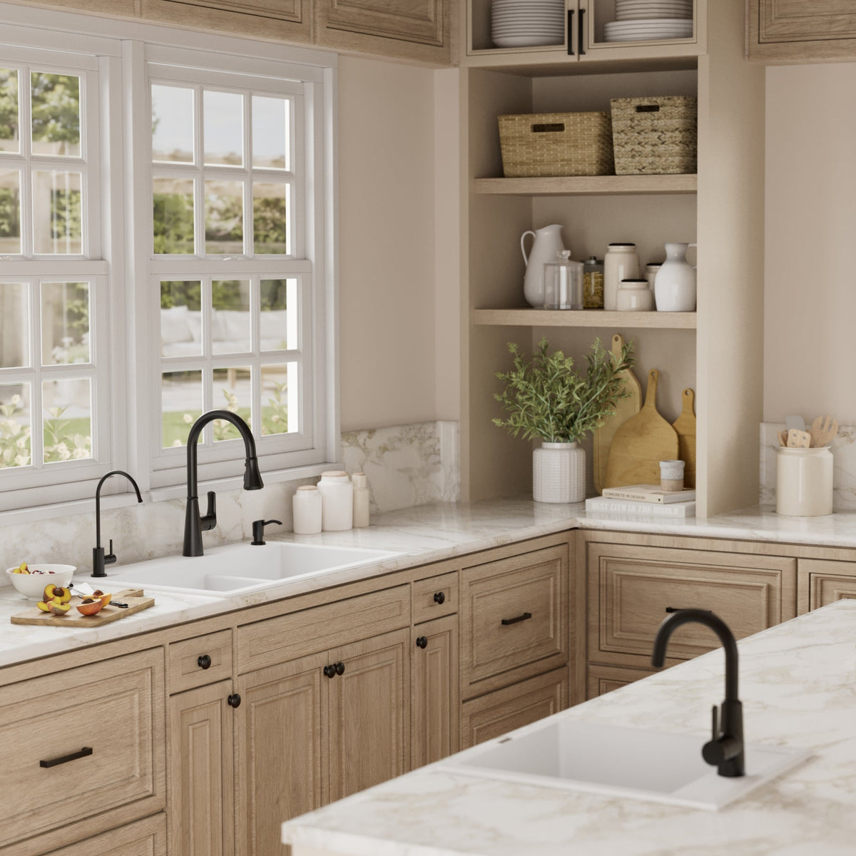 33" Top Mount Double Offset Bowl Quartz Composite Kitchen Sink Kit In White