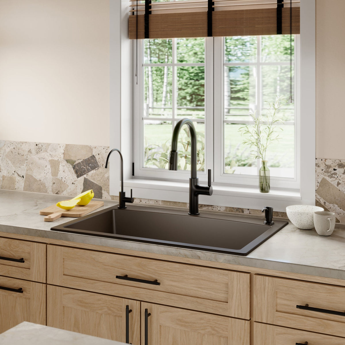 33" Top Mount Large Single Bowl Quartz Composite Kitchen Sink Kit In Brown