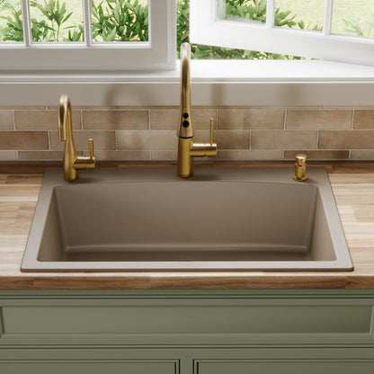33" Top Mount Large Single Bowl Quartz Composite Kitchen Sink In Concrete