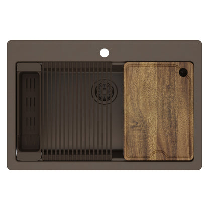 33" Top Mount Single Bowl Quartz Kitchen Sink Kit In Brown