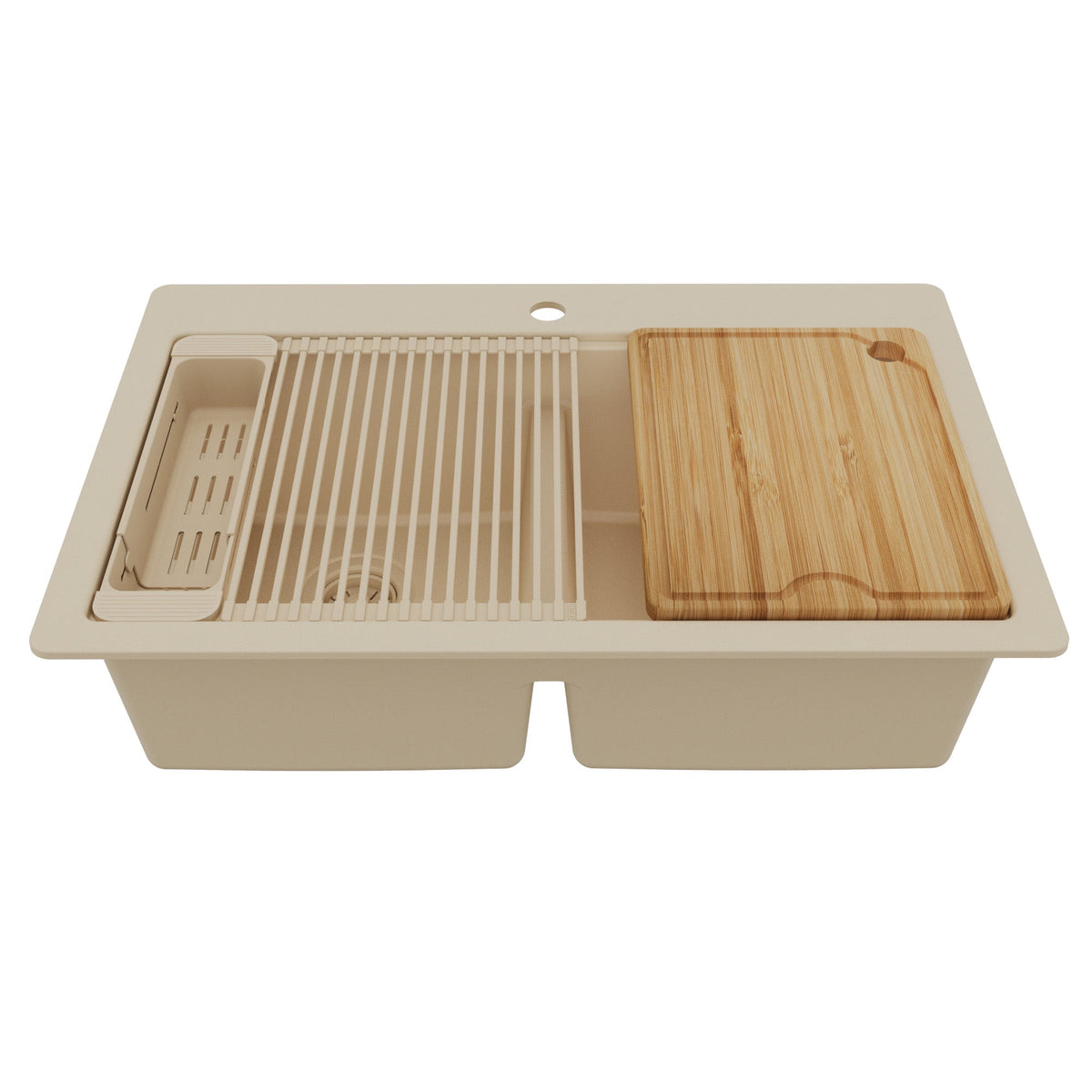 33" Top Mount Double Bowl Quartz Kitchen Sink Kit In Bisque
