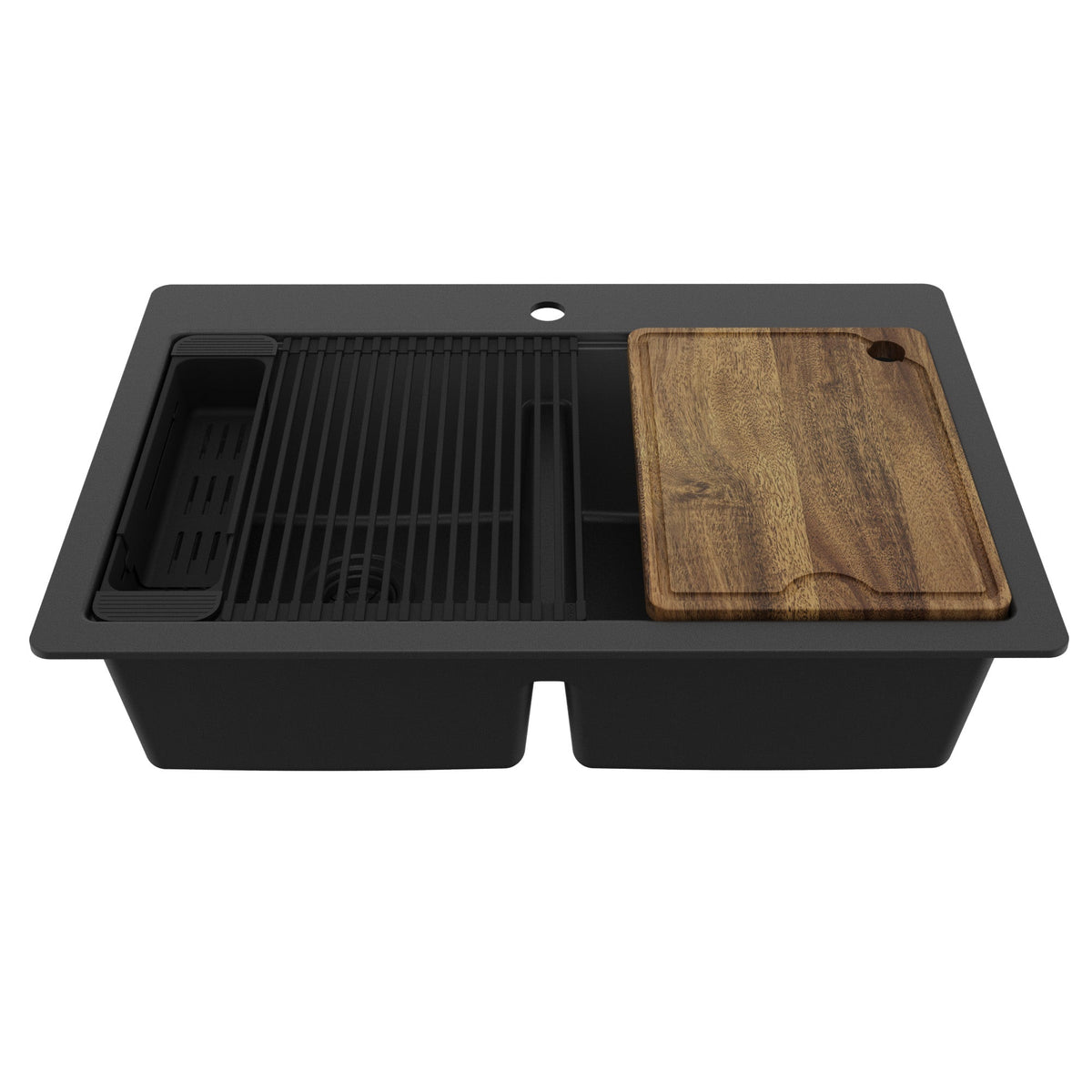 33" Top Mount Double Bowl Quartz Kitchen Sink Kit In Black