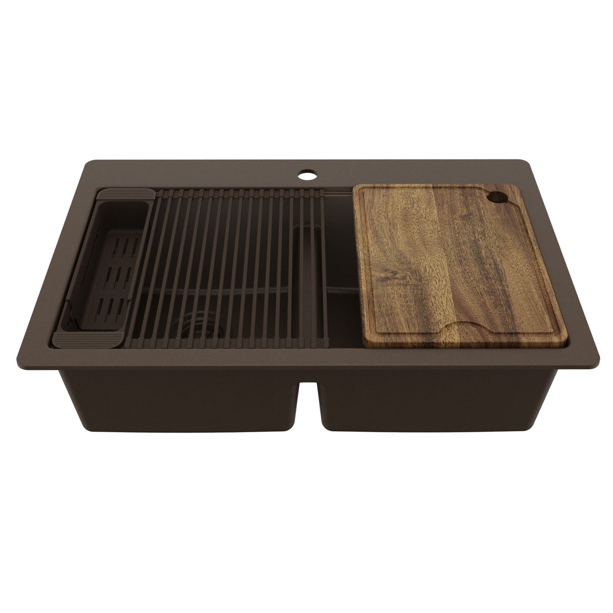 33" Top Mount Double Bowl Quartz Kitchen Sink Kit In Brown