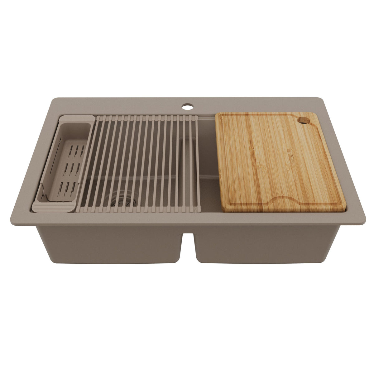 33" Top Mount Double Bowl Quartz Kitchen Sink Kit In Concrete