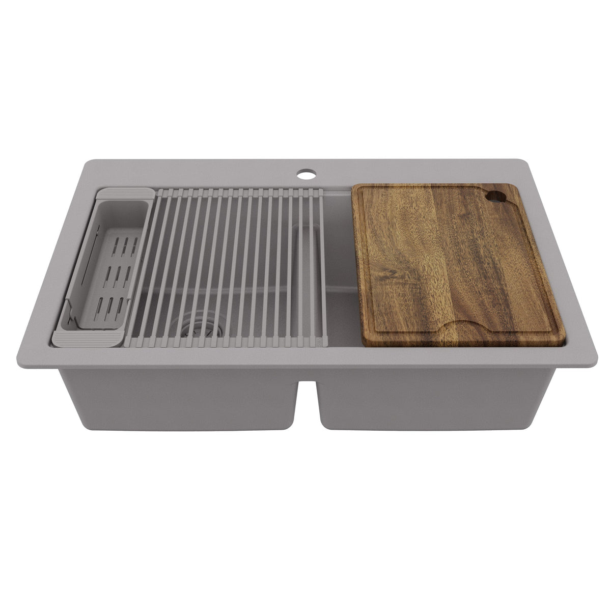 33" Top Mount Double Bowl Quartz Kitchen Sink Kit In Grey