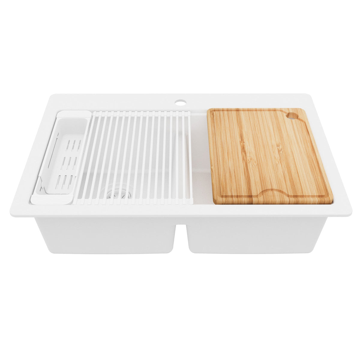 33" Top Mount Double Bowl Quartz Kitchen Sink Kit In White