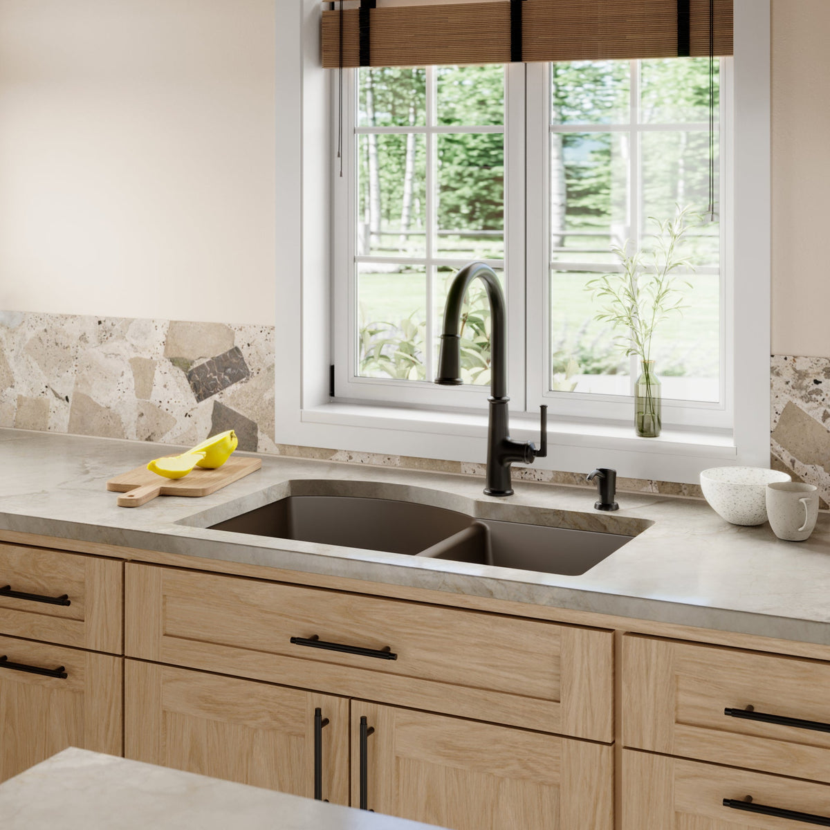 32-1/4" Undermount Double Offset Bowl Quartz Composite Kitchen Sink Kit In Brown