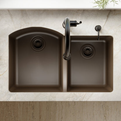 32-1/4" Undermount Double Offset Bowl Quartz Composite Kitchen Sink In Brown