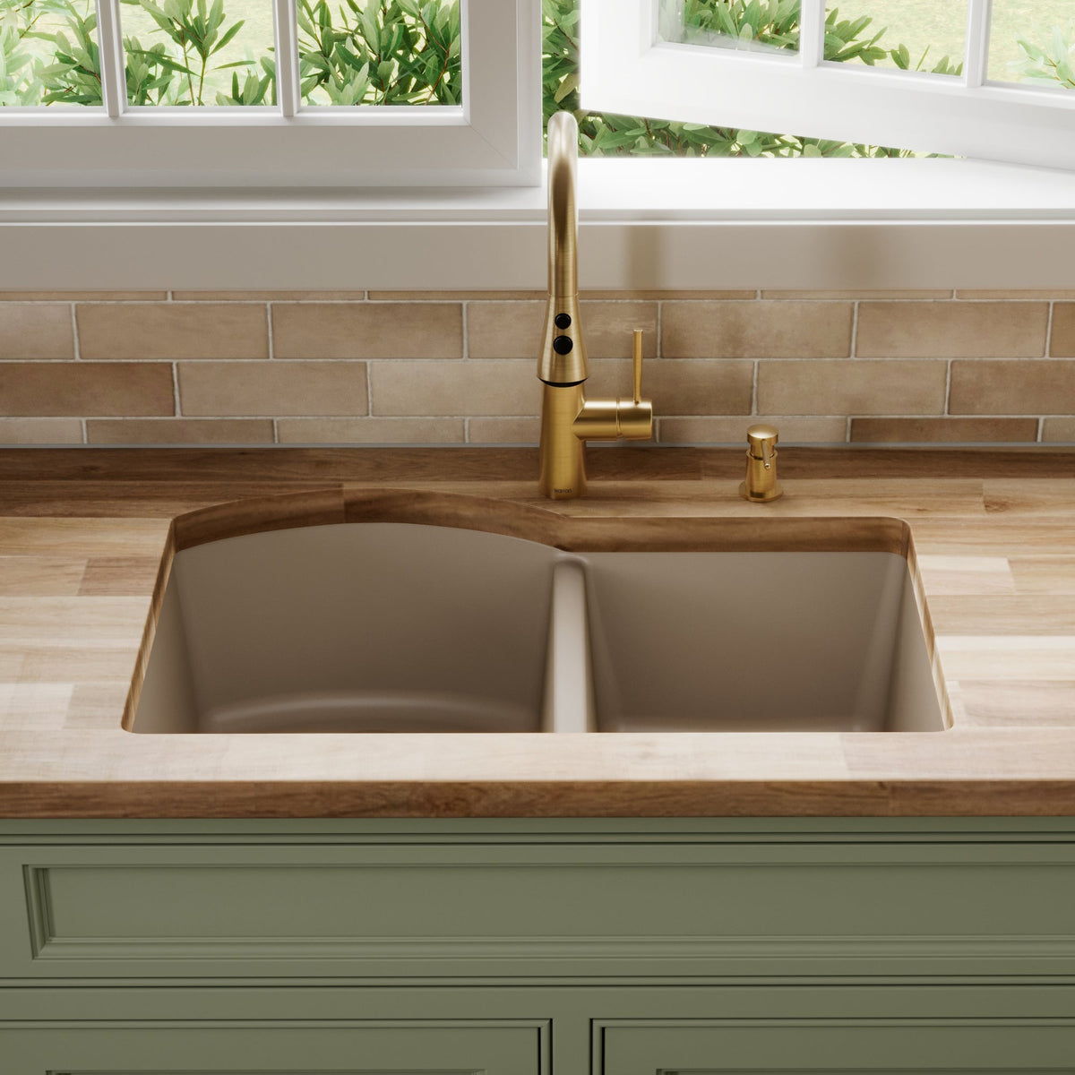32-1/4" Undermount Double Offset Bowl Quartz Composite Kitchen Sink In Concrete