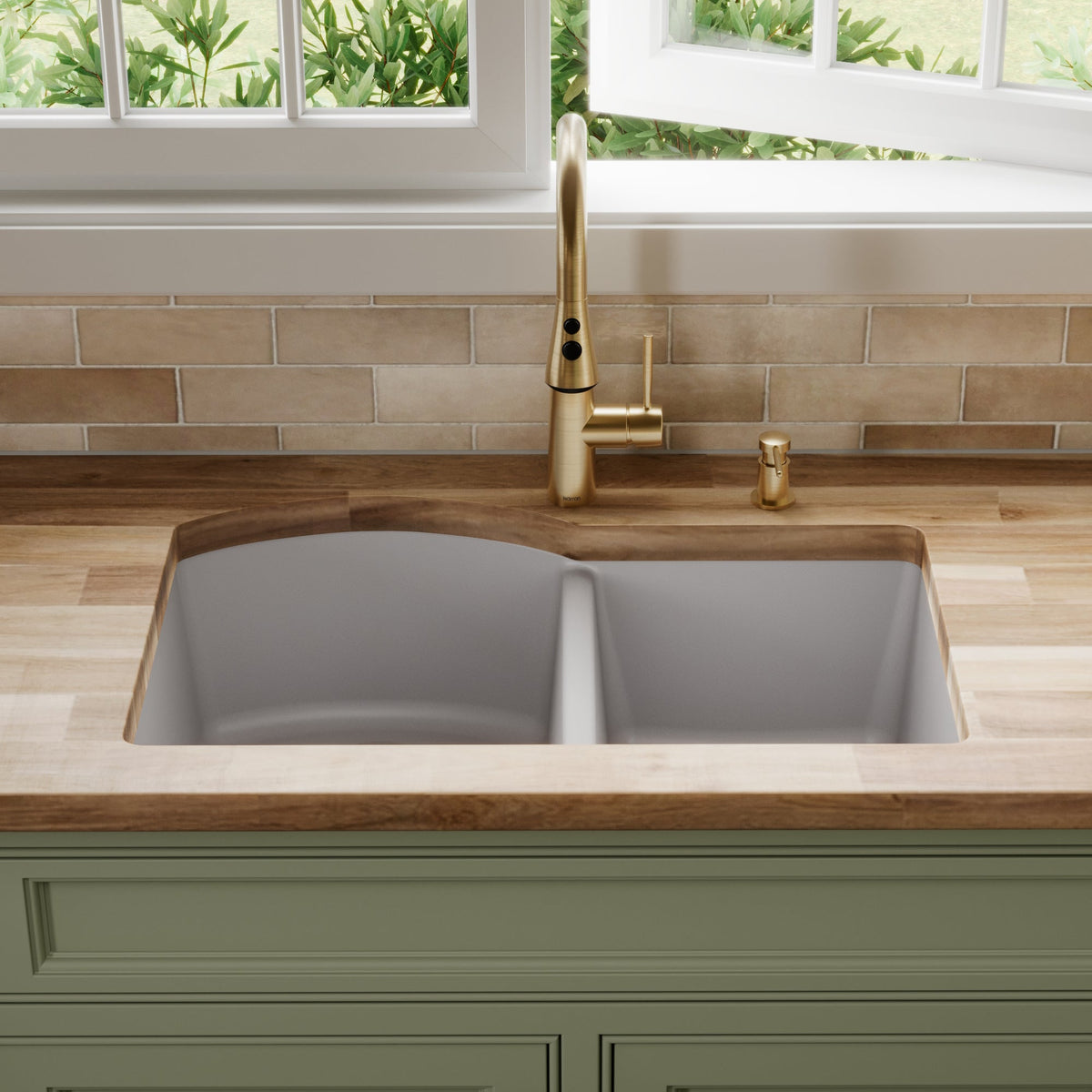 32-1/4" Undermount Double Offset Bowl Quartz Composite Kitchen Sink In Grey