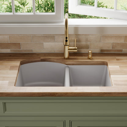 32-1/4" Undermount Double Offset Bowl Quartz Composite Kitchen Sink In Grey