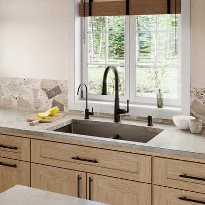 32-1/2" Undermount Double Equal Bowl Quartz Composite Kitchen Sink Kit In Brown