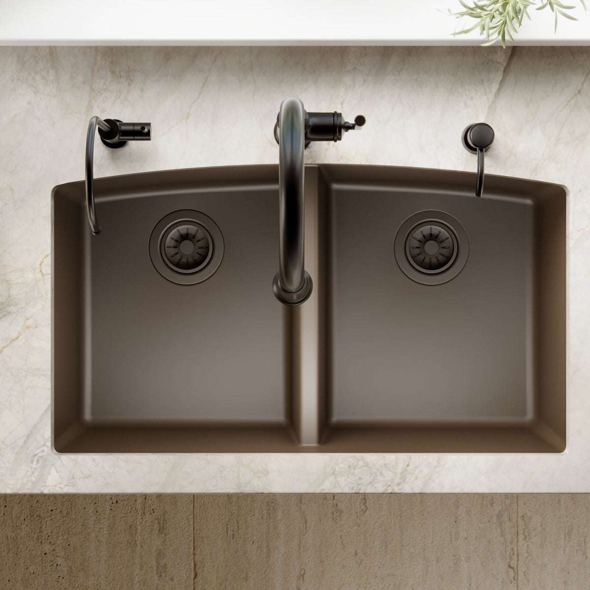 32-1/2" Undermount Double Equal Bowl Quartz Composite Kitchen Sink In Brown