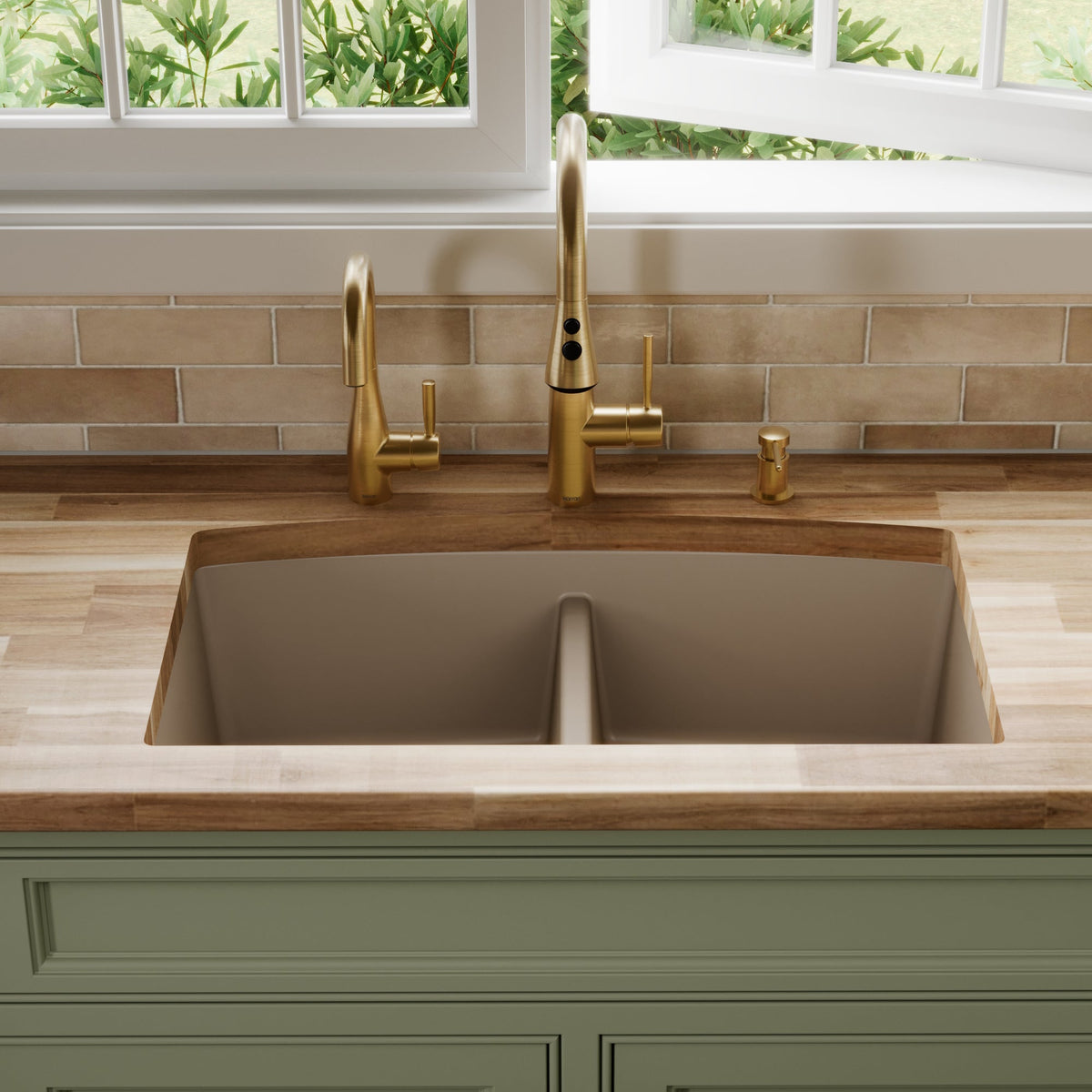 32-1/2" Undermount Double Equal Bowl Quartz Composite Kitchen Sink In Concrete