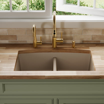 32-1/2" Undermount Double Equal Bowl Quartz Composite Kitchen Sink In Concrete