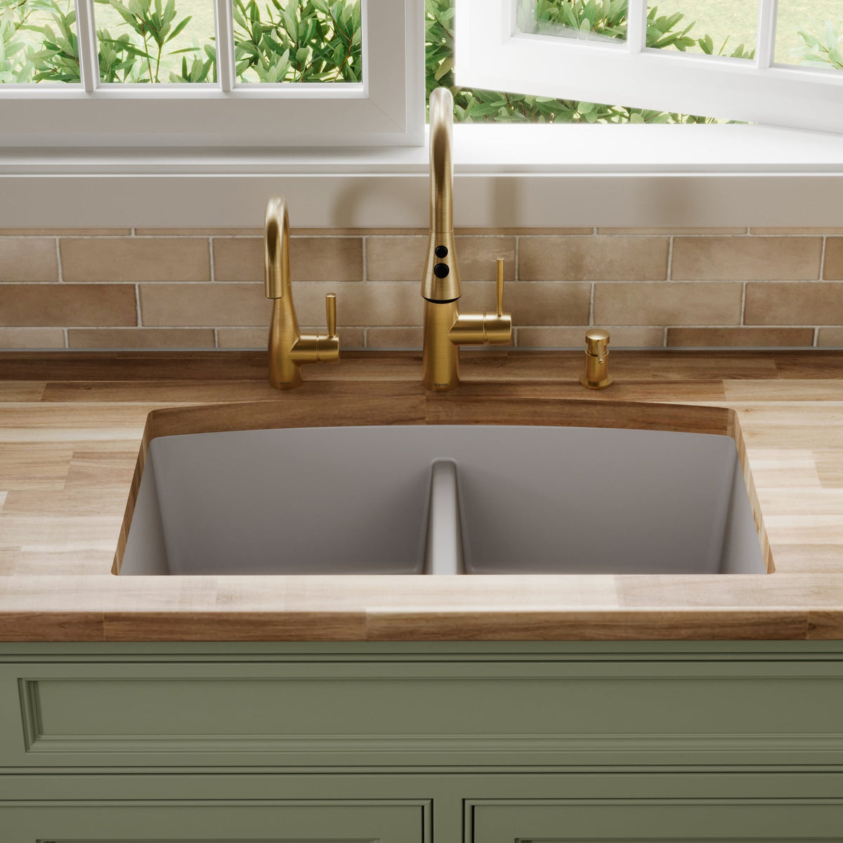 32-1/2" Undermount Double Equal Bowl Quartz Composite Kitchen Sink In Grey