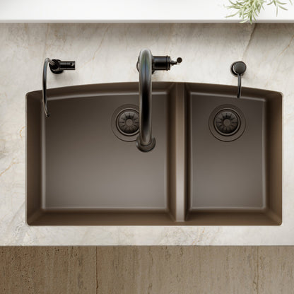 32-1/2" Undermount Double Offset Bowl Quartz Composite Kitchen Sink In Brown