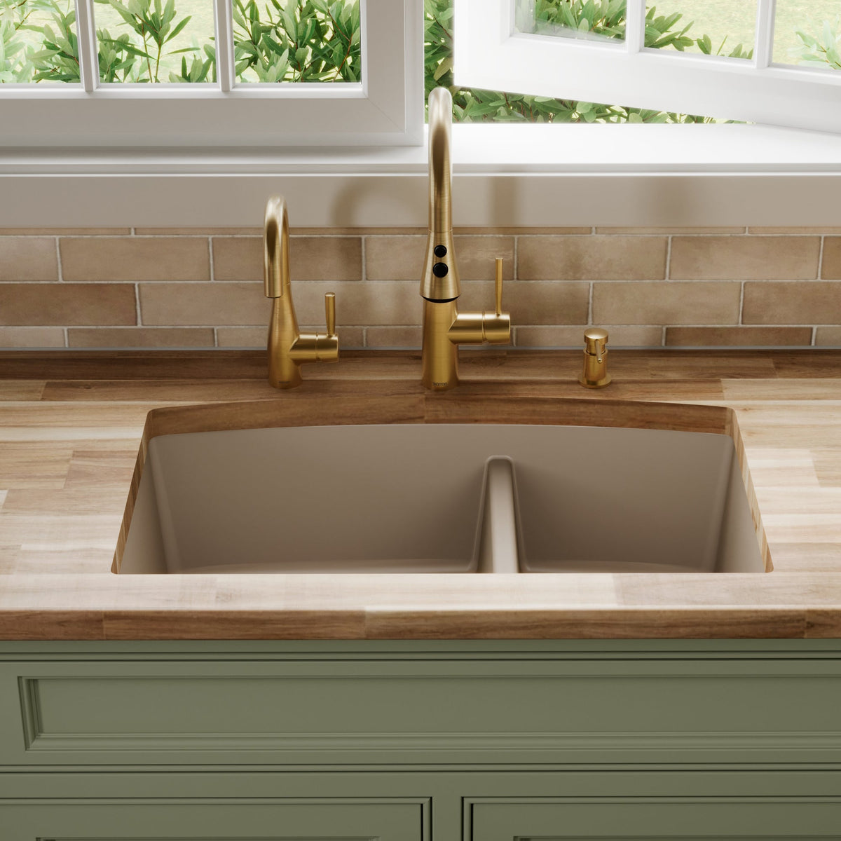 32-1/2" Undermount Double Offset Bowl Quartz Composite Kitchen Sink In Concrete