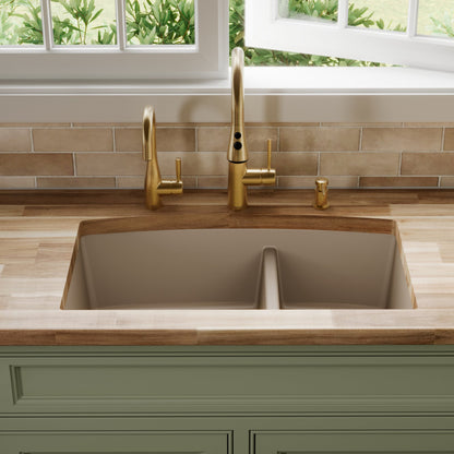 32-1/2" Undermount Double Offset Bowl Quartz Composite Kitchen Sink In Concrete