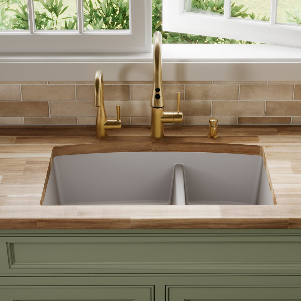 32-1/2" Undermount Double Offset Bowl Quartz Composite Kitchen Sink In Grey