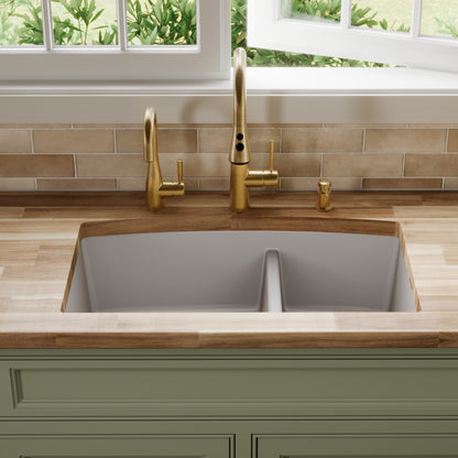 32-1/2" Undermount Double Offset Bowl Quartz Composite Kitchen Sink In Grey