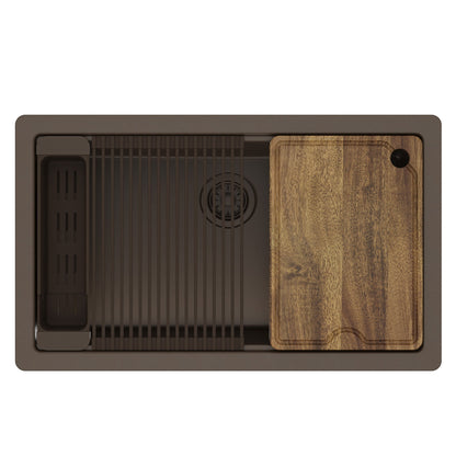 32" Undermount Single Bowl Quartz Kitchen Sink Kit In Brown