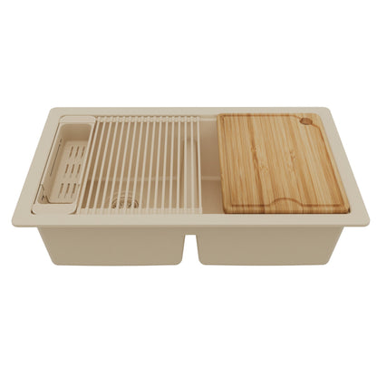 32" Undermount Double Bowl Quartz Kitchen Sink Kit In Bisque
