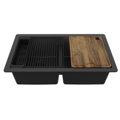 32" Undermount Double Bowl Quartz Kitchen Sink Kit In Black