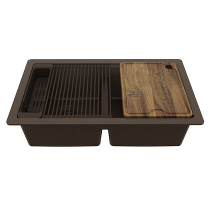 32" Undermount Double Bowl Quartz Kitchen Sink Kit In Brown