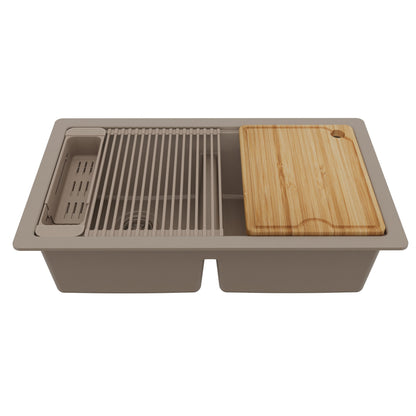 32" Undermount Double Bowl Quartz Kitchen Sink Kit In Concrete