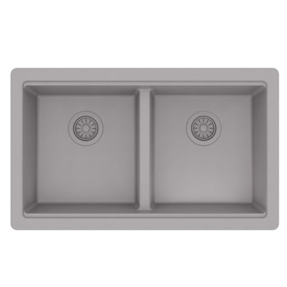32" Undermount Double Bowl Quartz Kitchen Sink Kit In Grey
