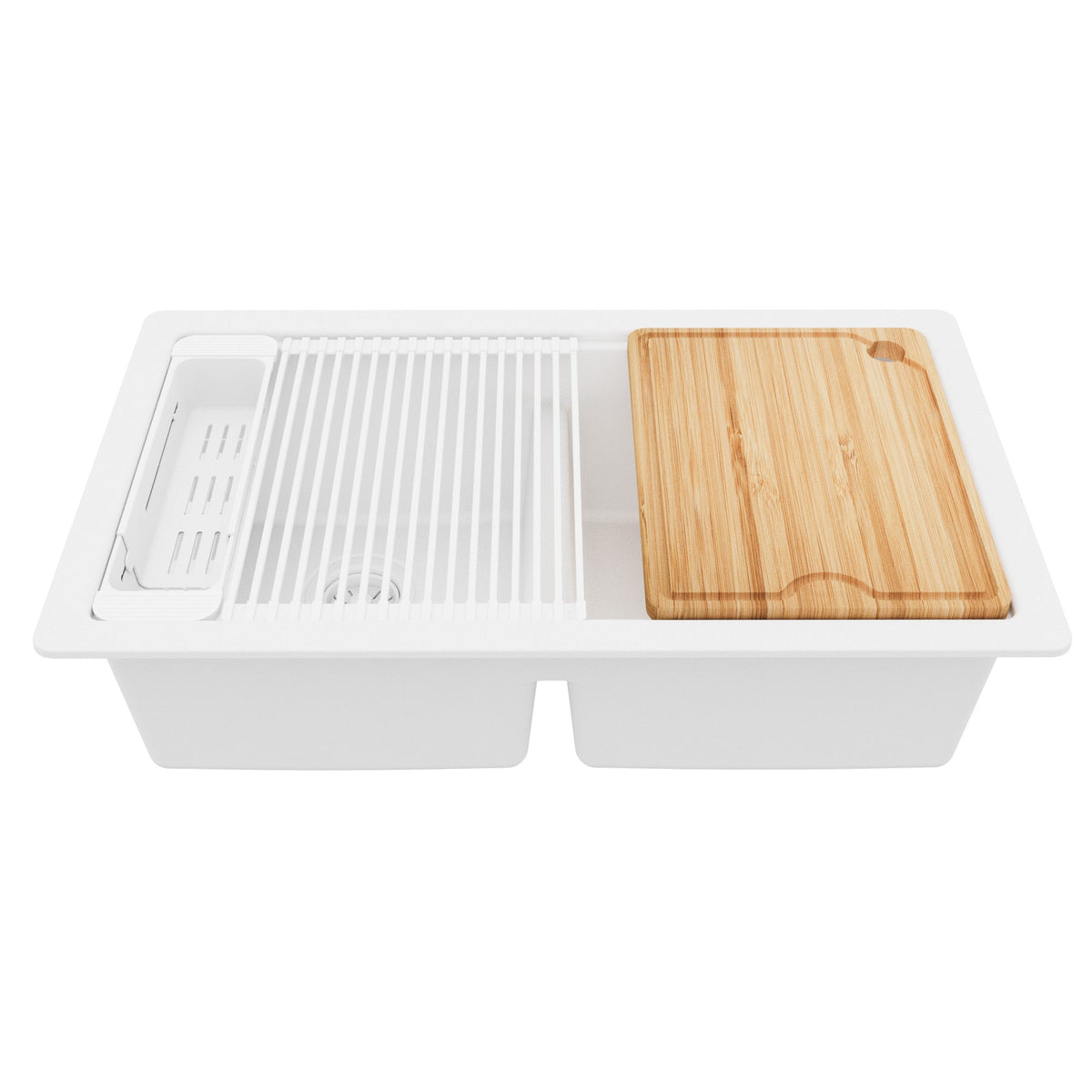 32" Undermount Double Bowl Quartz Kitchen Sink Kit In White